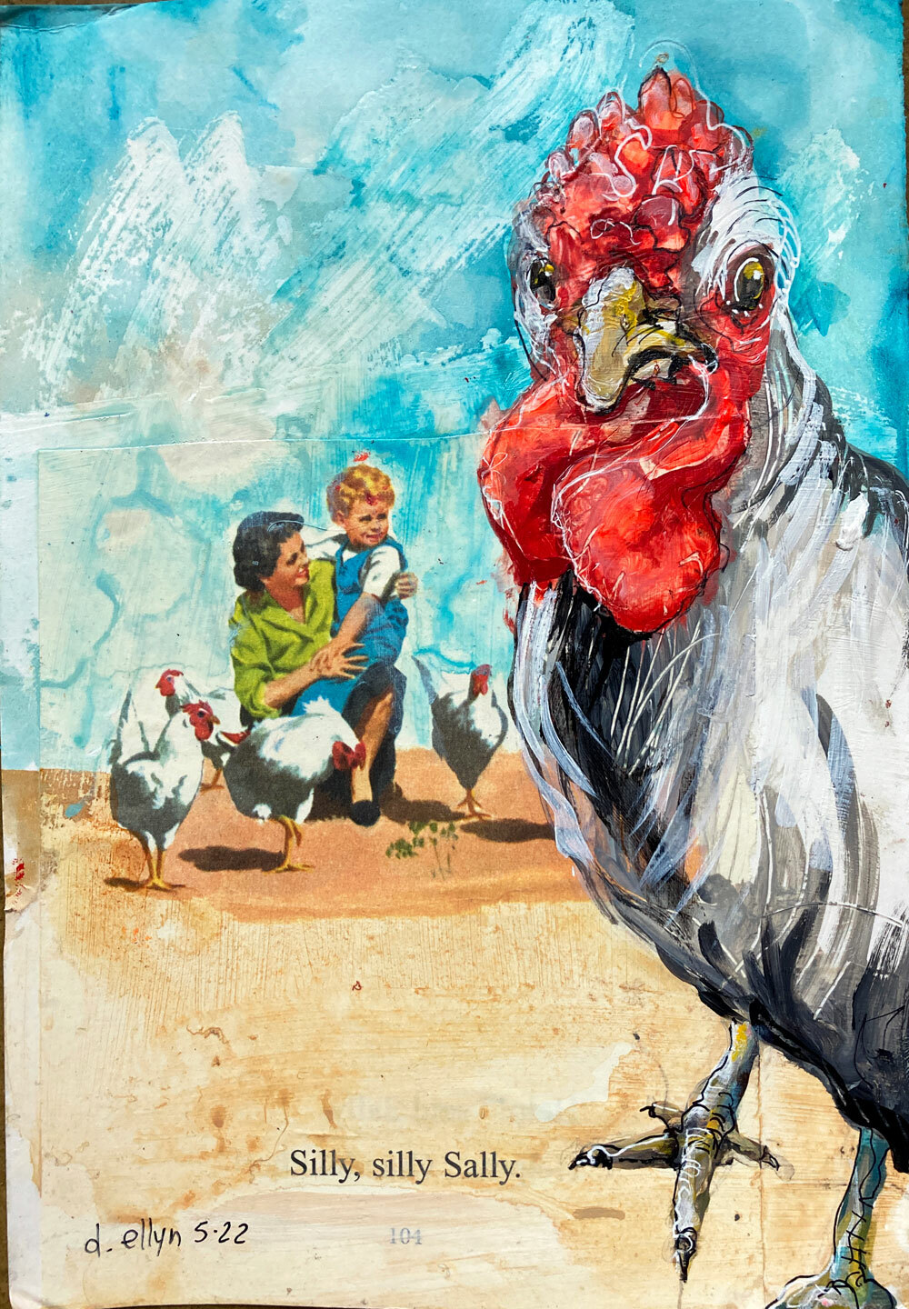 dick and jane book page painting of chicken