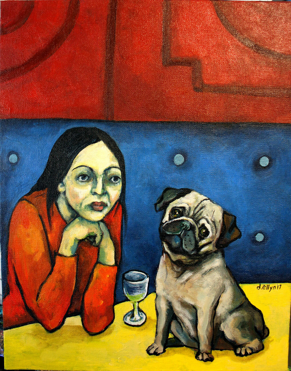 Bold orange abstract nude with expressive linework, seated amid floral shapes and painterly textures in a vibrant interior.