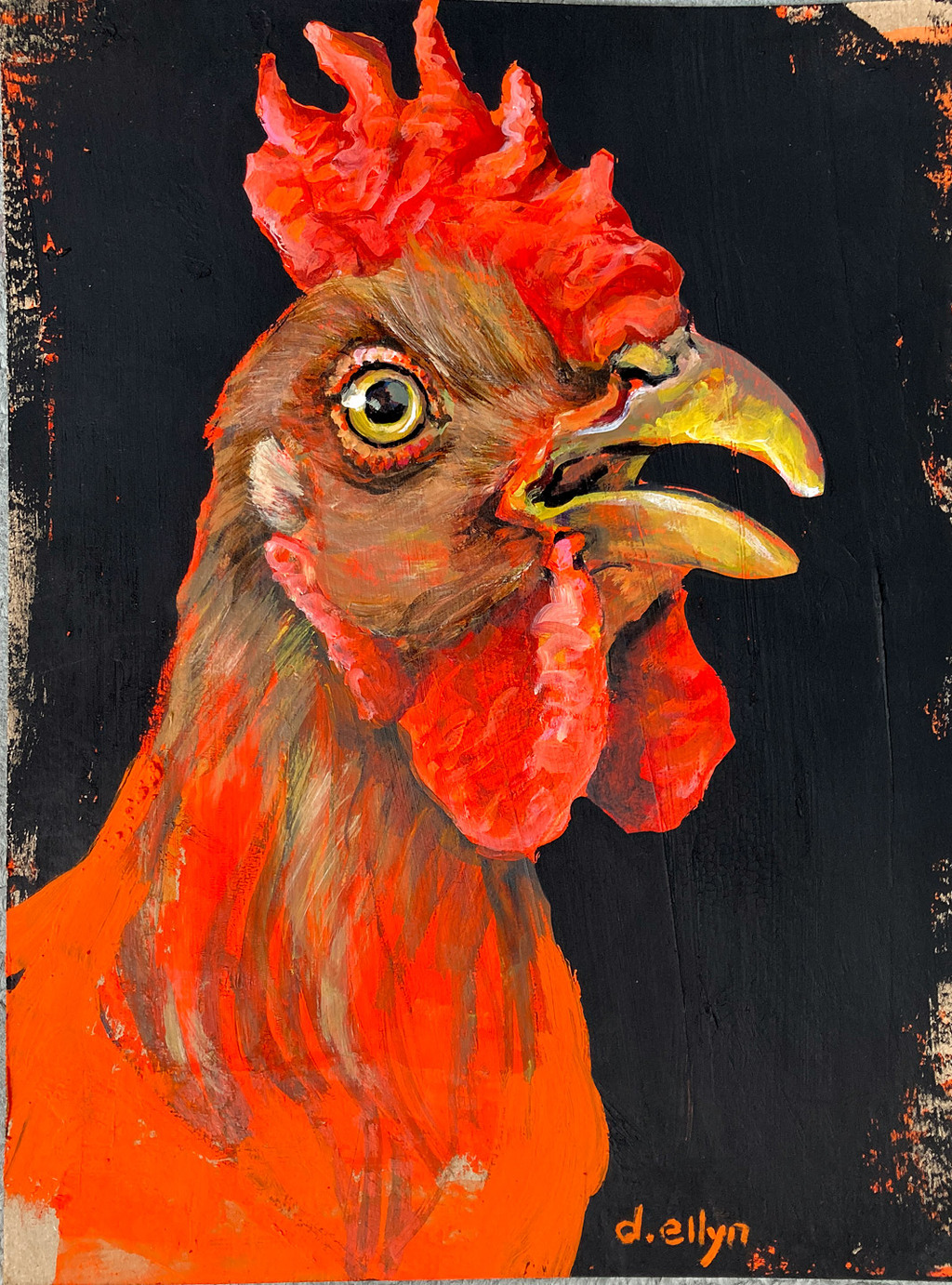 Bold orange abstract nude with expressive linework, seated amid floral shapes and painterly textures in a vibrant interior.