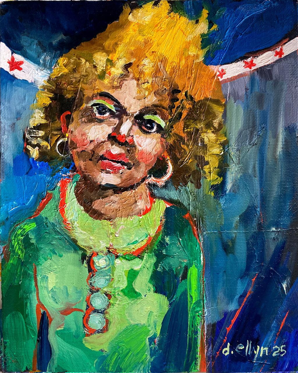 Radiant abstract woman in warm reds and golds with spiritual overtones, painted in fluid lines and layered colors.