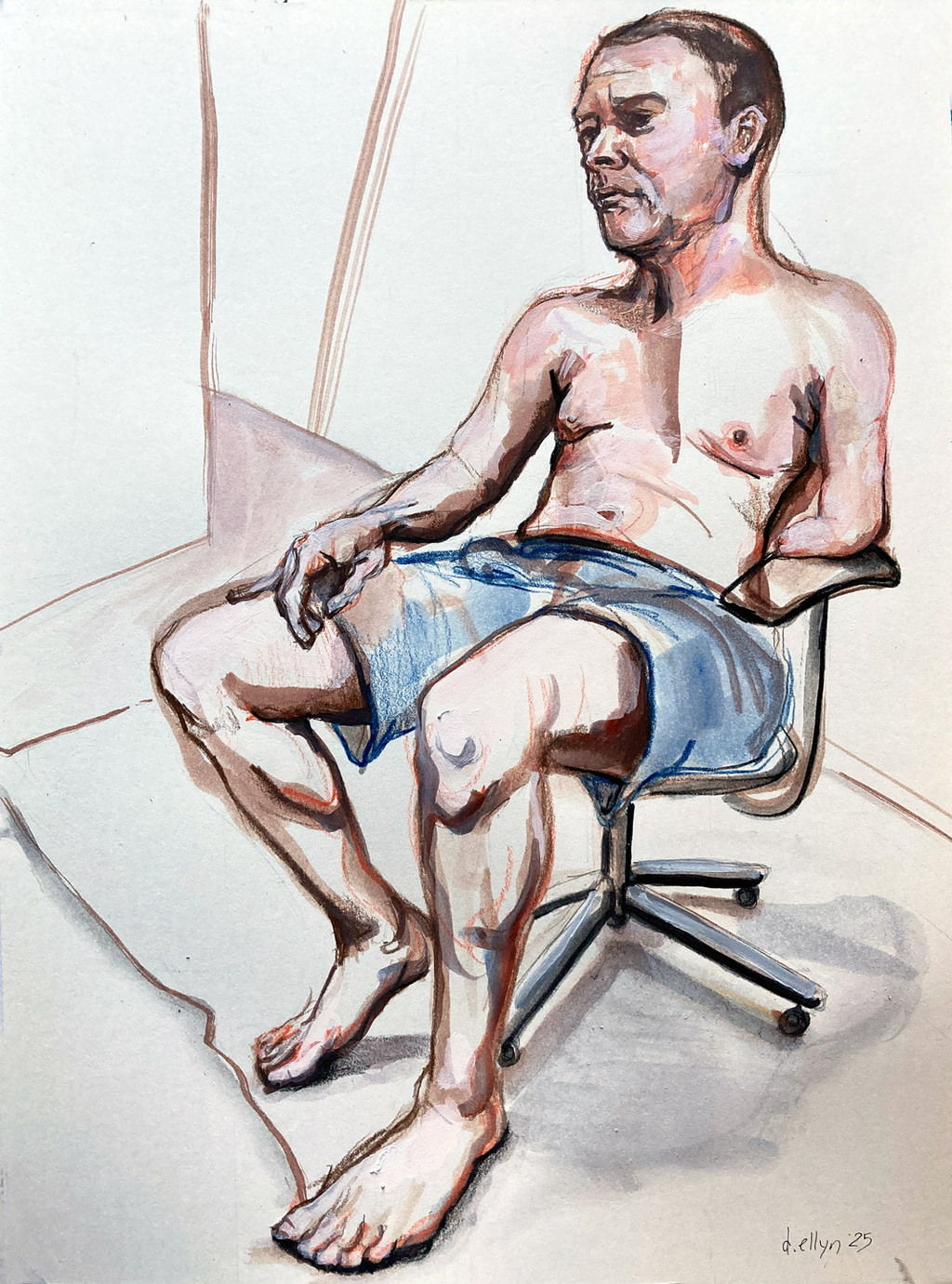 Woman in a hat shop painted in cubist lines and rich jewel-toned color blocks.