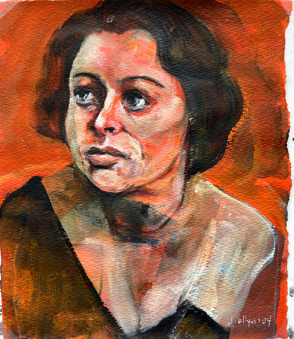 Abstract painting of people sitting around a table with drinks in vibrant primary colors