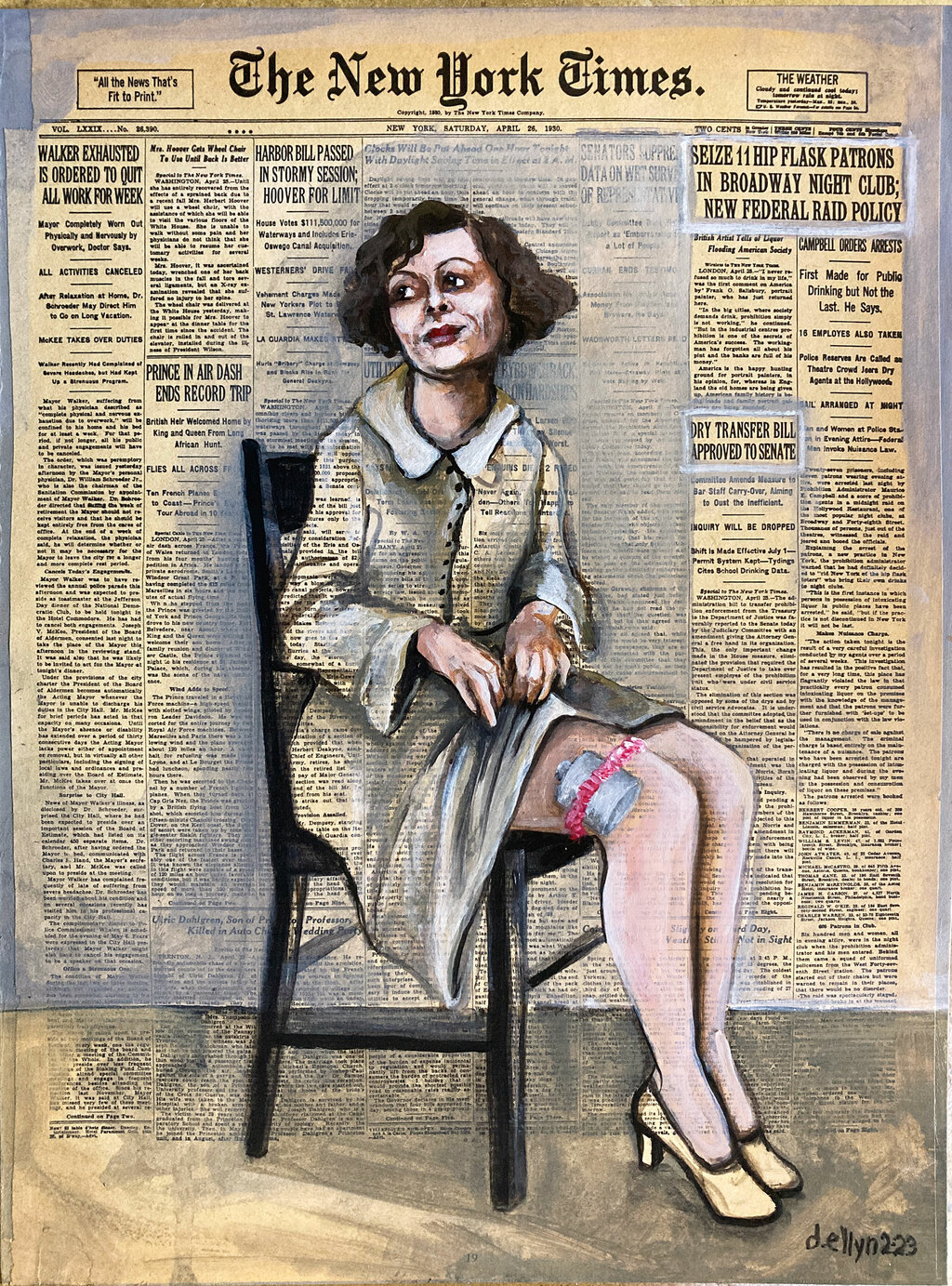 Striking abstract figure in gold and red with surreal stage-like setting, layered in bold lines and symbolic movement.