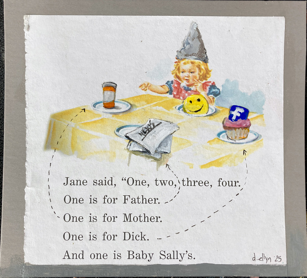 Striking abstract figure in gold and red with surreal stage-like setting, layered in bold lines and symbolic movement.