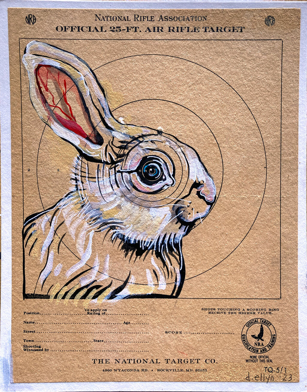 Striking abstract figure in gold and red with surreal stage-like setting, layered in bold lines and symbolic movement.