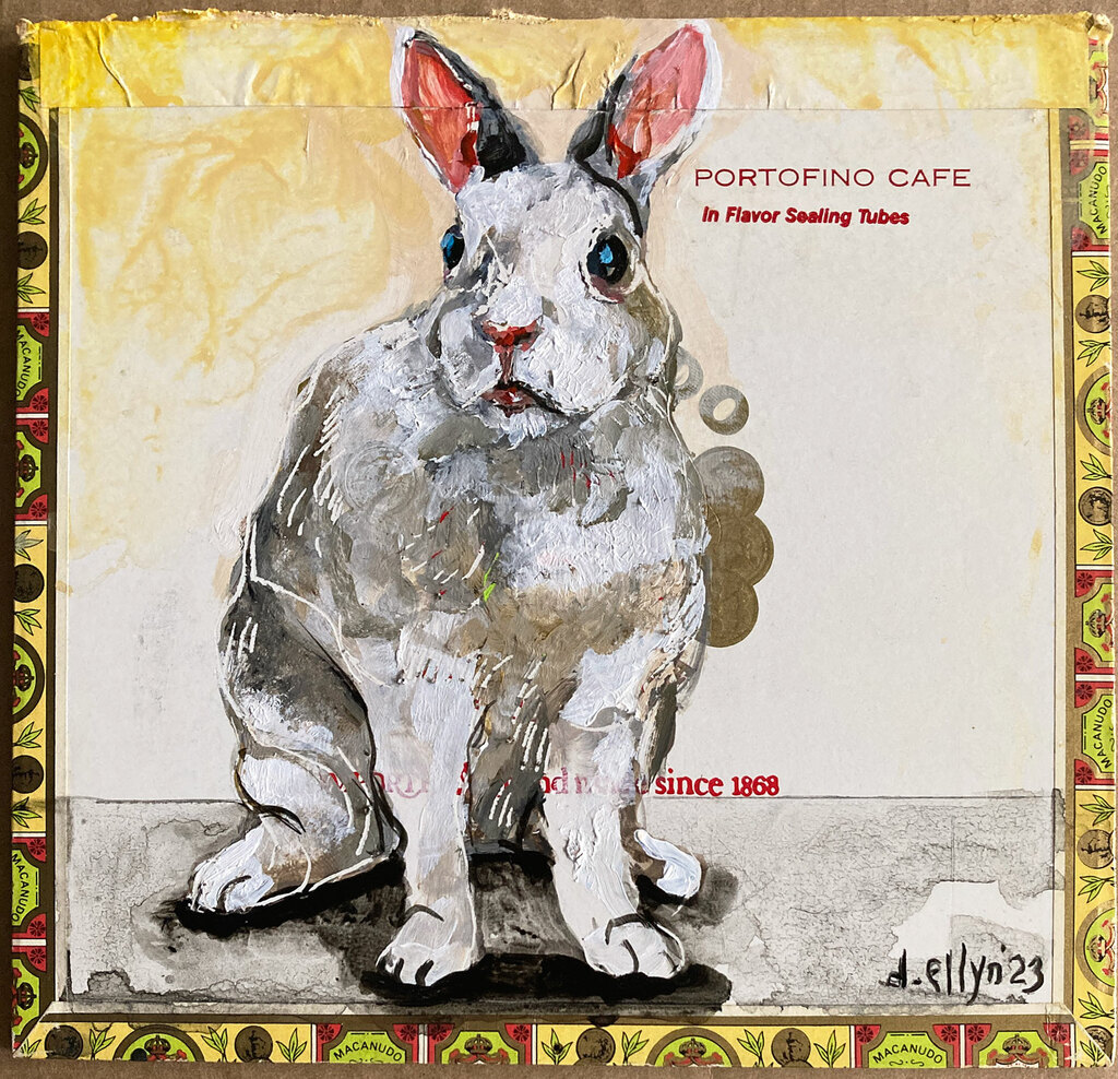 bunny on cigar box lid by dana ellyn