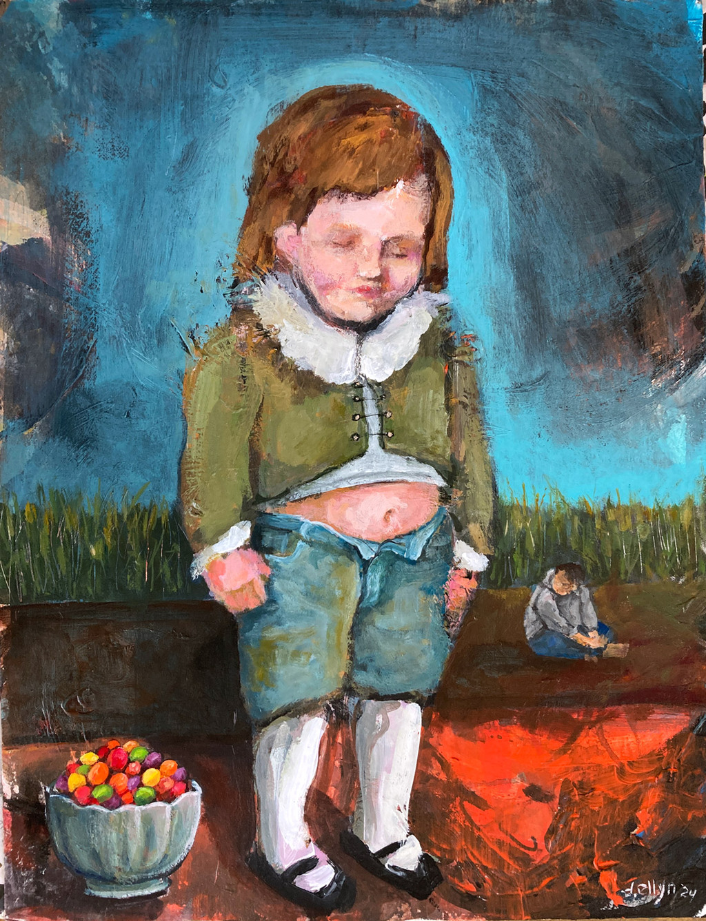 Striking abstract figure in gold and red with surreal stage-like setting, layered in bold lines and symbolic movement.