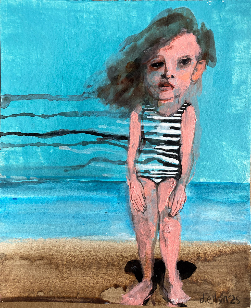 Striking abstract figure in gold and red with surreal stage-like setting, layered in bold lines and symbolic movement.