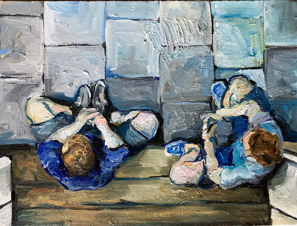 Striking abstract figure in gold and red with surreal stage-like setting, layered in bold lines and symbolic movement.