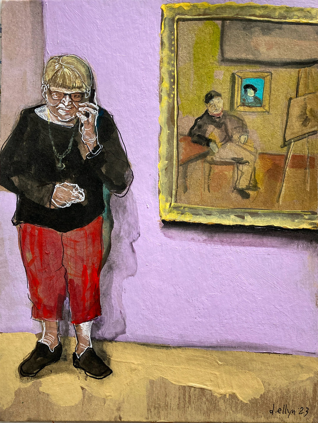 Abstract painting of people sitting around a table with drinks in vibrant primary colors