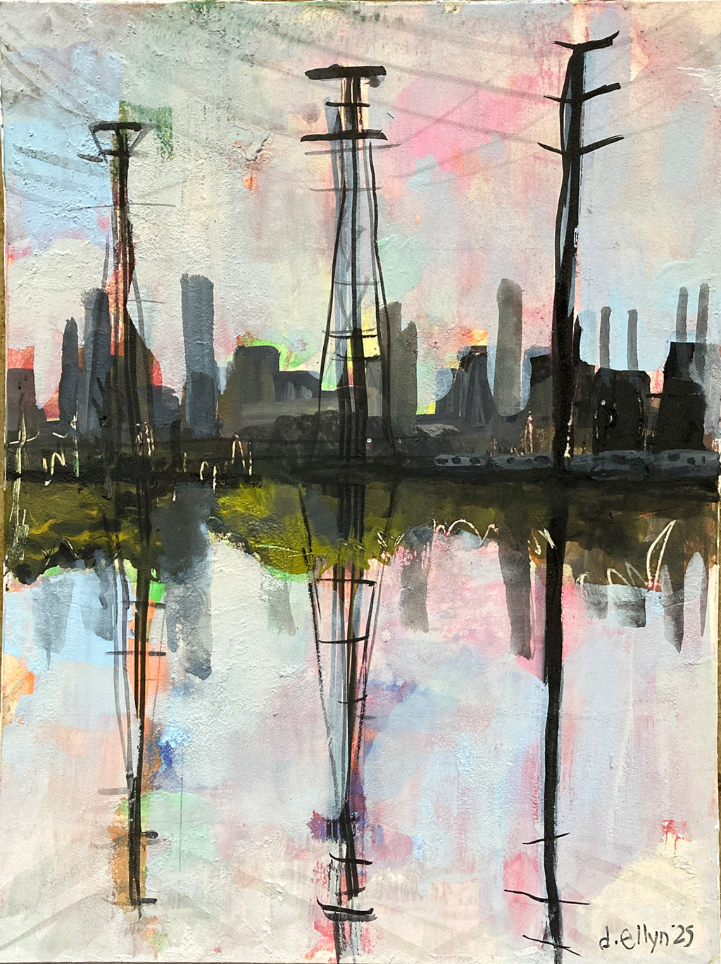 Abstract painting of people sitting around a table with drinks in vibrant primary colors