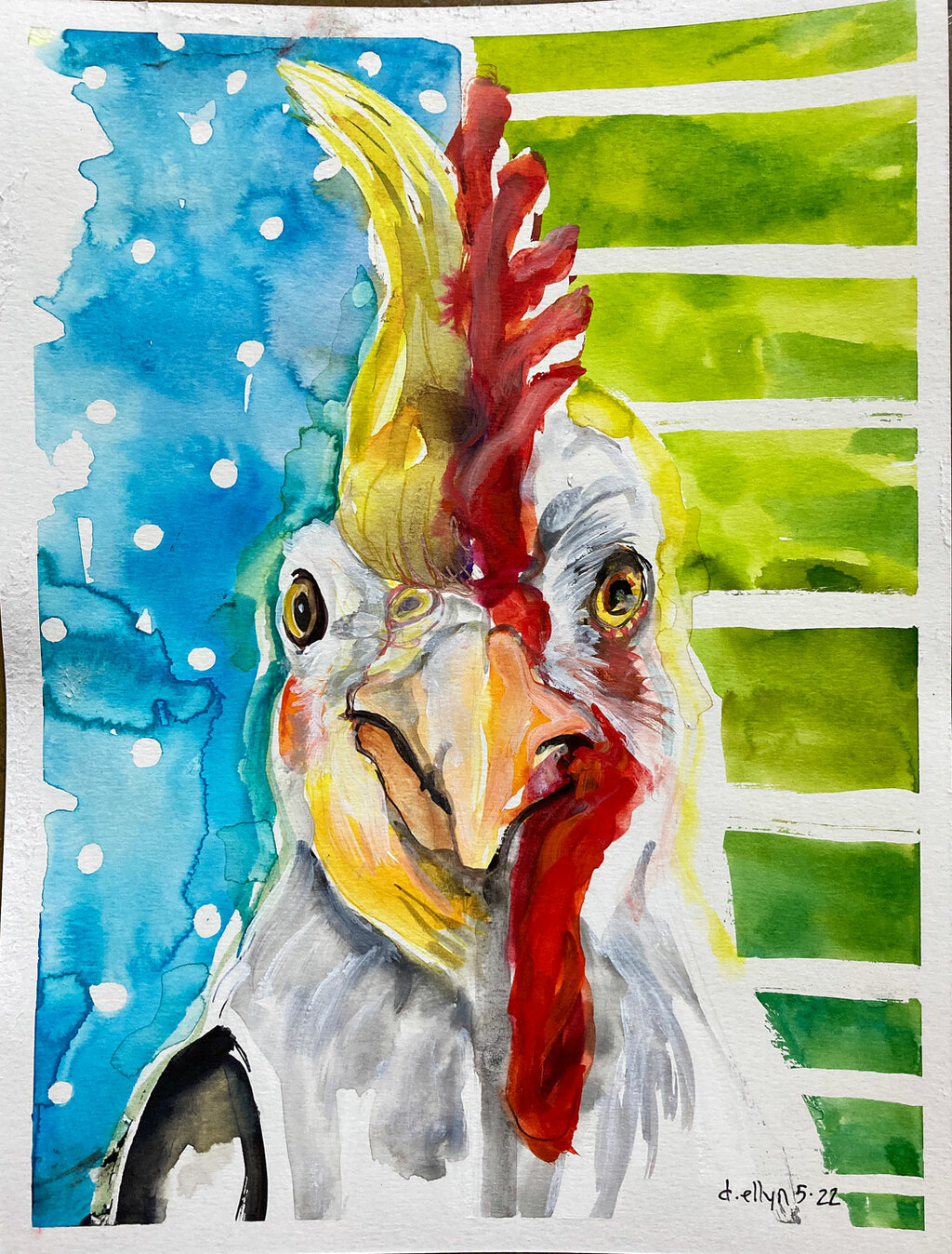 Striking abstract figure in gold and red with surreal stage-like setting, layered in bold lines and symbolic movement.