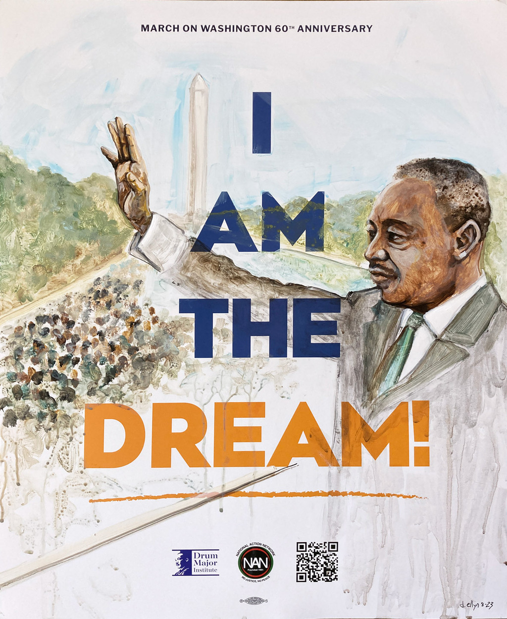 Striking abstract figure in gold and red with surreal stage-like setting, layered in bold lines and symbolic movement.