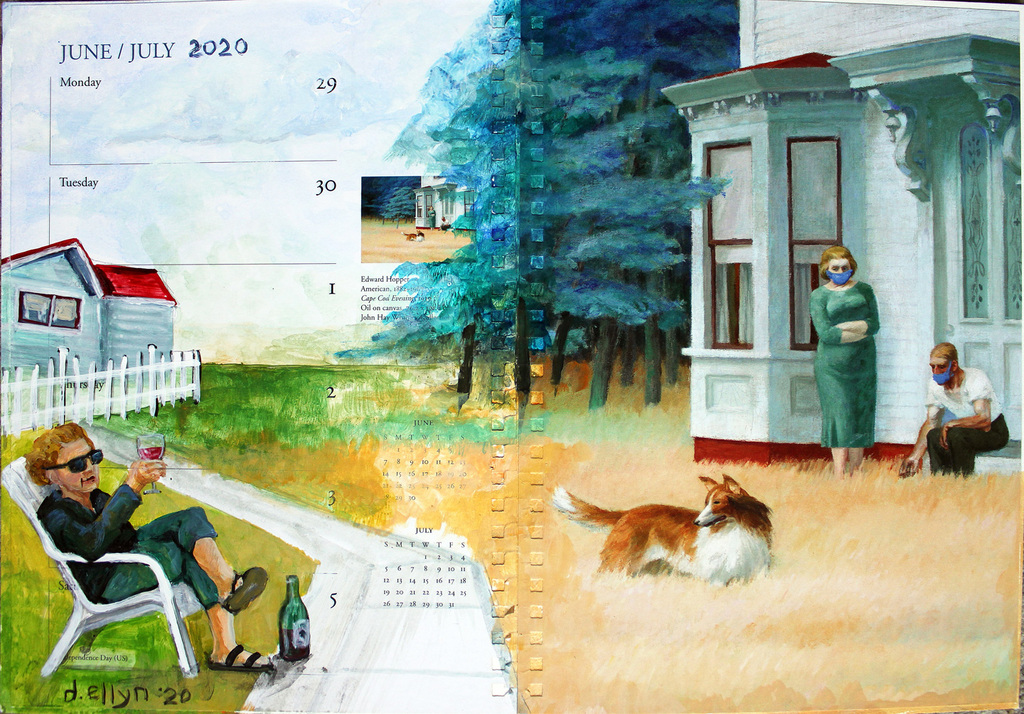 Striking abstract figure in gold and red with surreal stage-like setting, layered in bold lines and symbolic movement.