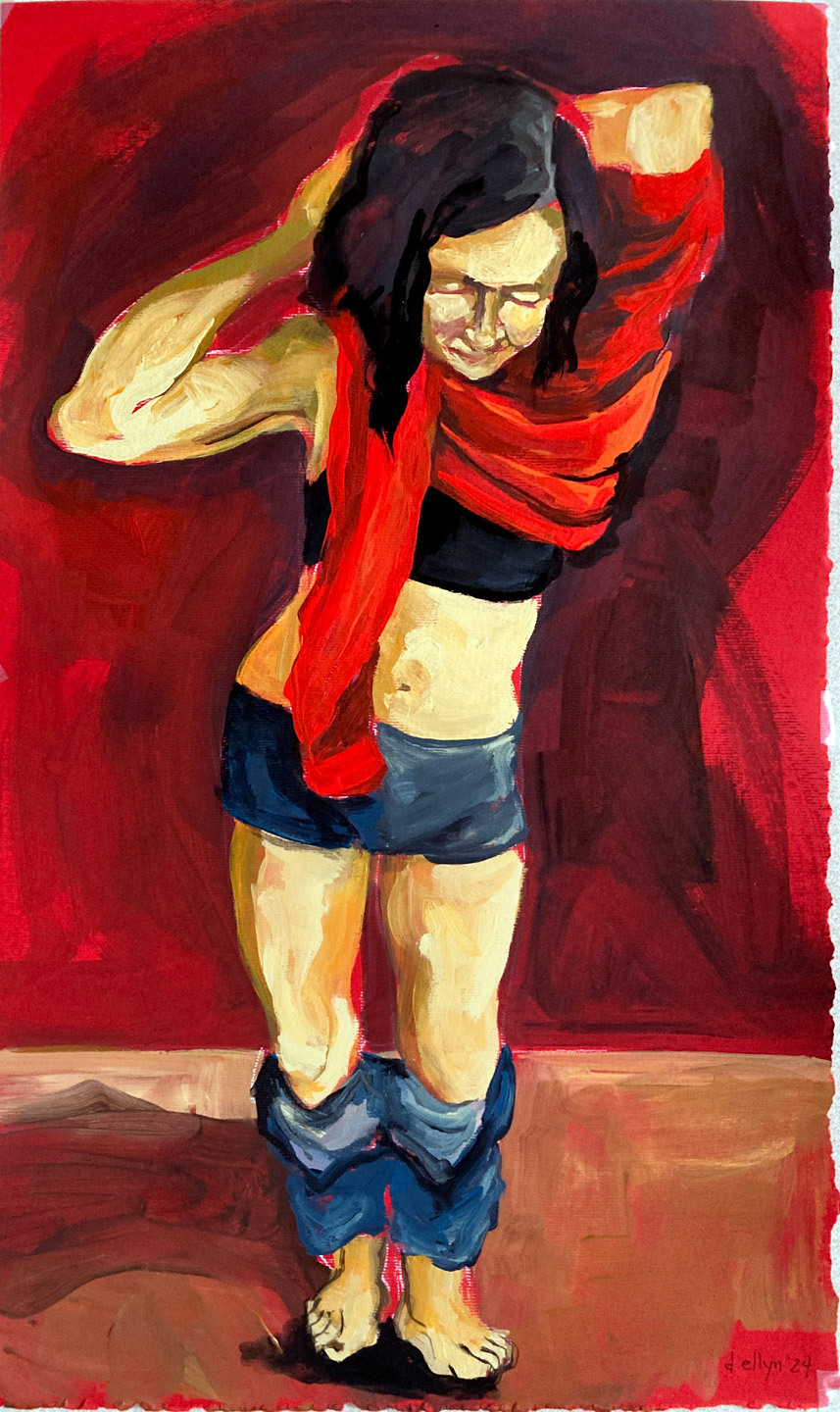 Striking abstract figure in gold and red with surreal stage-like setting, layered in bold lines and symbolic movement.