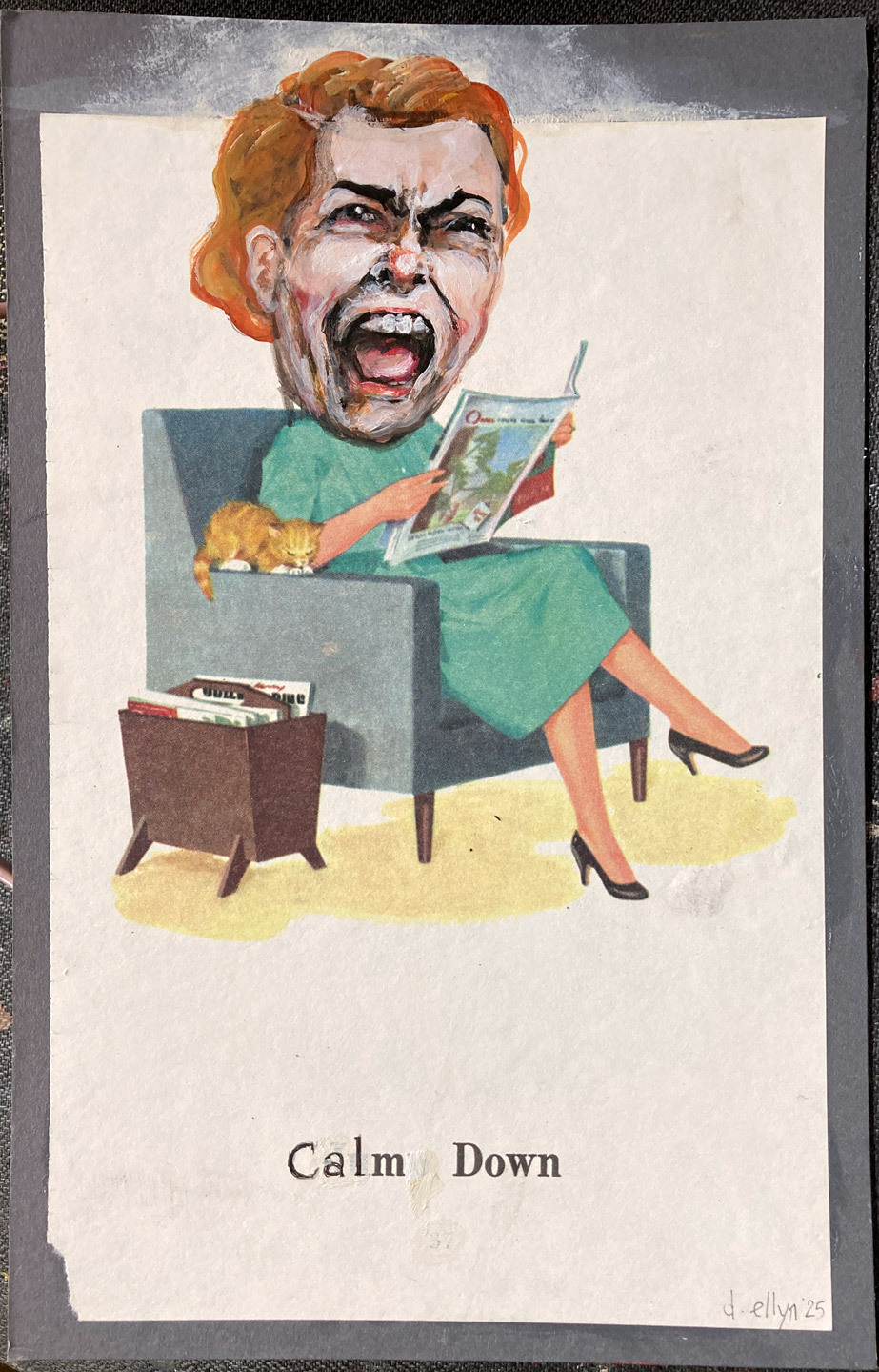 Striking abstract figure in gold and red with surreal stage-like setting, layered in bold lines and symbolic movement.