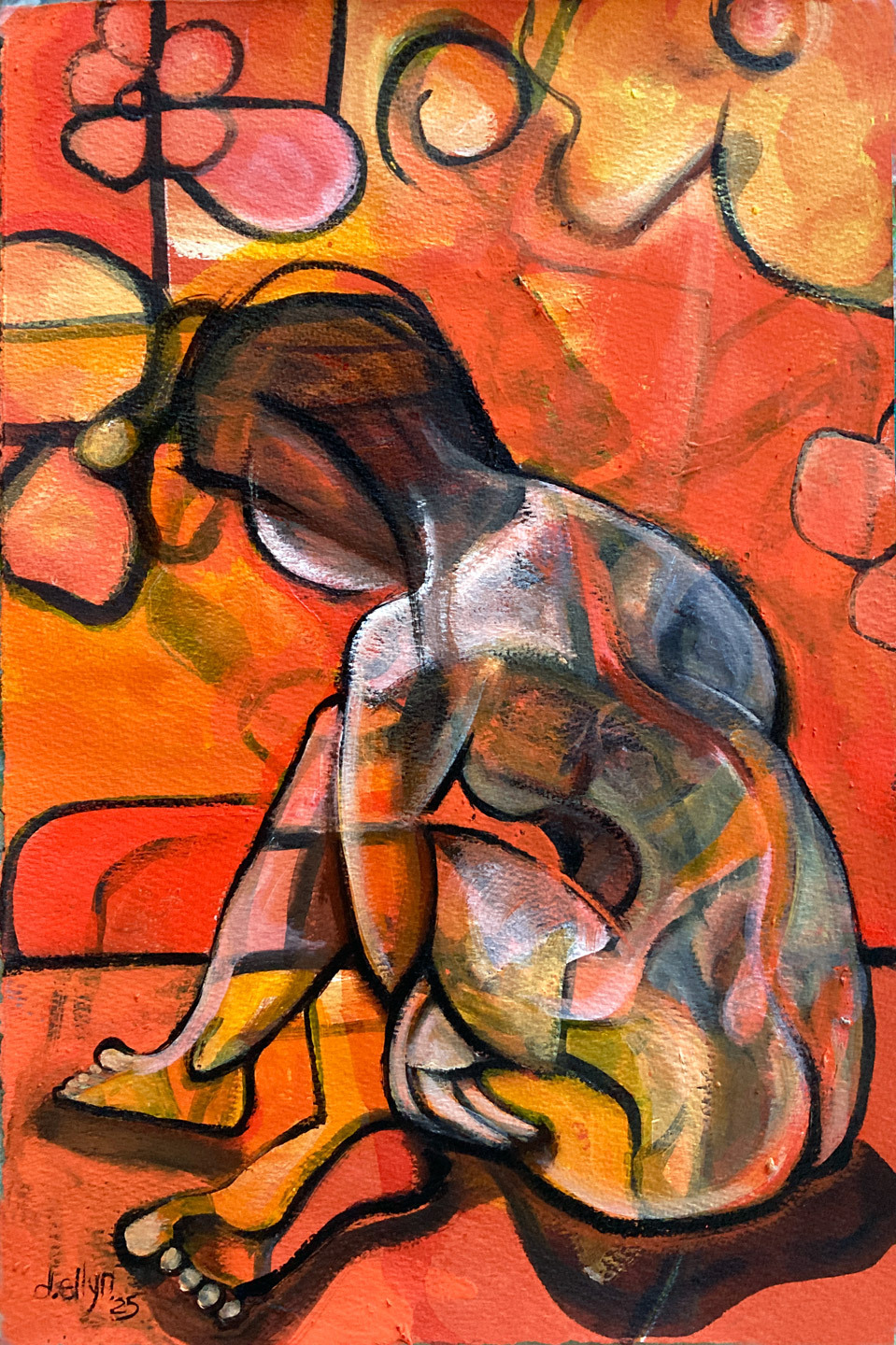 Abstract painting of people sitting around a table with drinks in vibrant primary colors