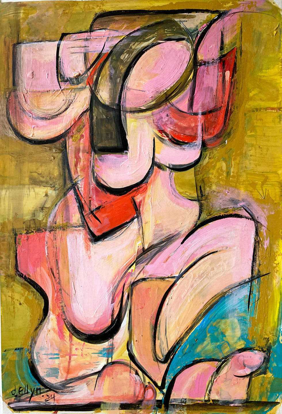 Sensual pink-toned abstract nude on gold backdrop, with bold contours and layered brushwork evoking strength and softness.