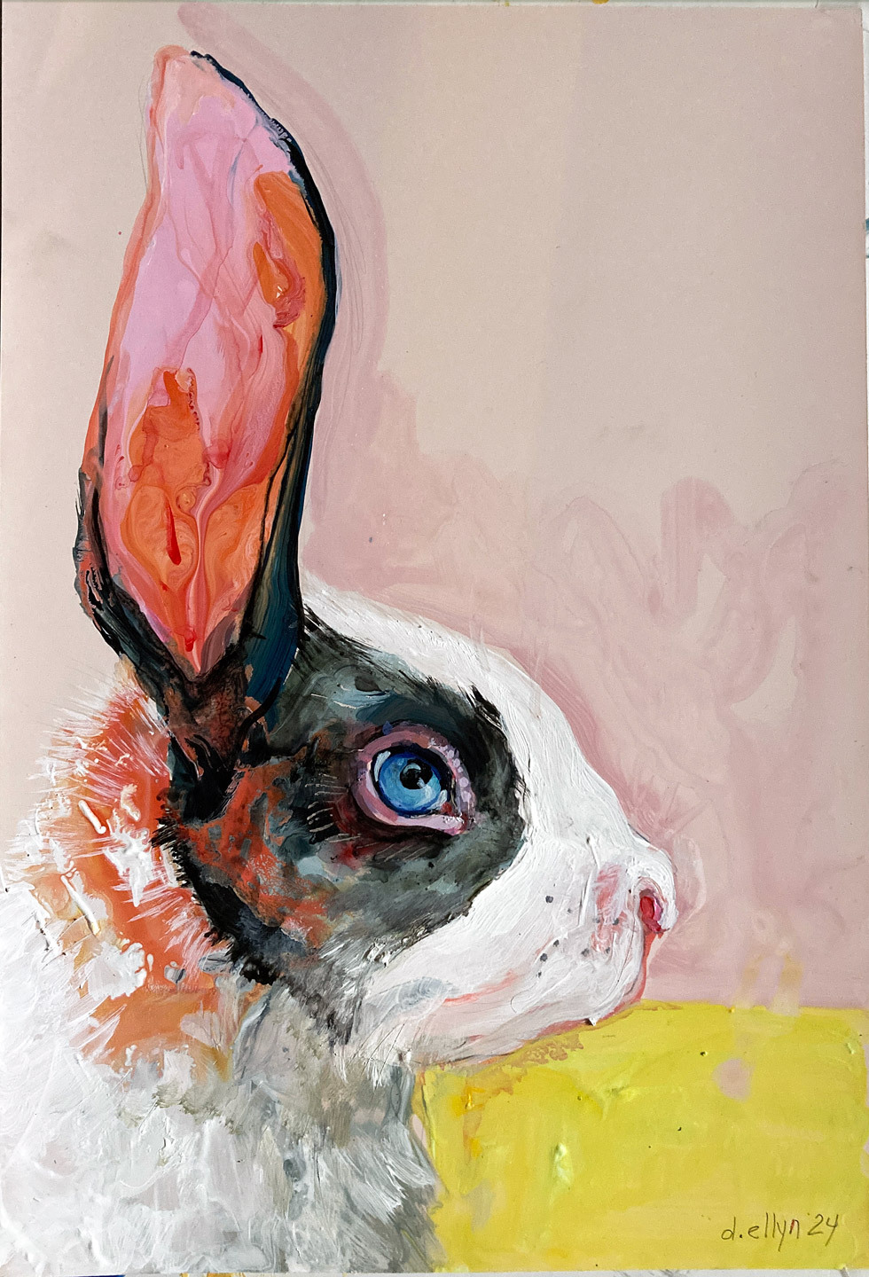 Striking abstract figure in gold and red with surreal stage-like setting, layered in bold lines and symbolic movement.